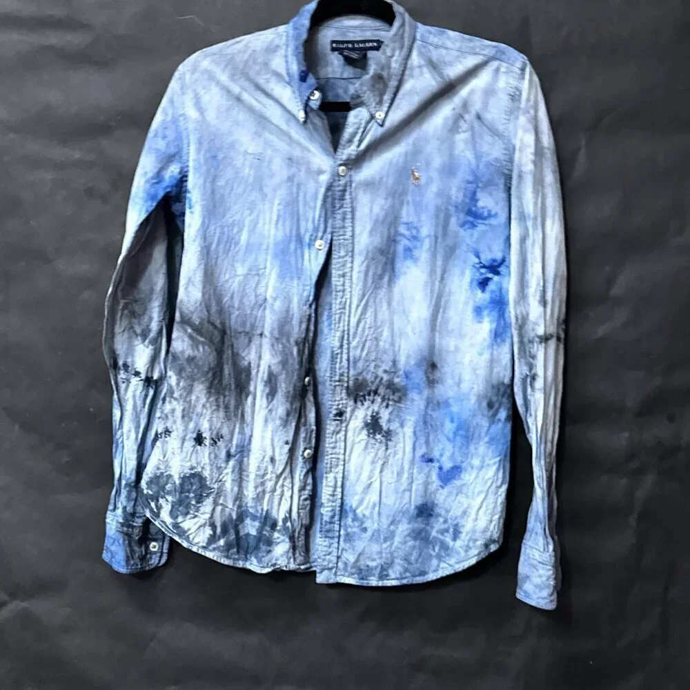 Ralph Lauren Cotton Blue Shirt Tie Dye  Casual Button Down Dress Size 16 Xl